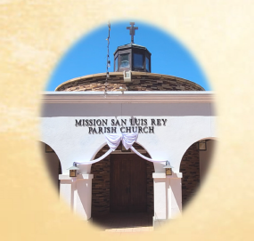 White ribbons strung over the door of the Parish Church in honor of Pope Leo XIV.